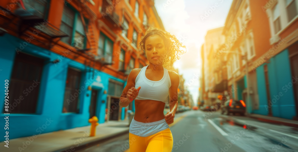 A woman wearing vibrant yellow pants running energetically down a bustling city street.