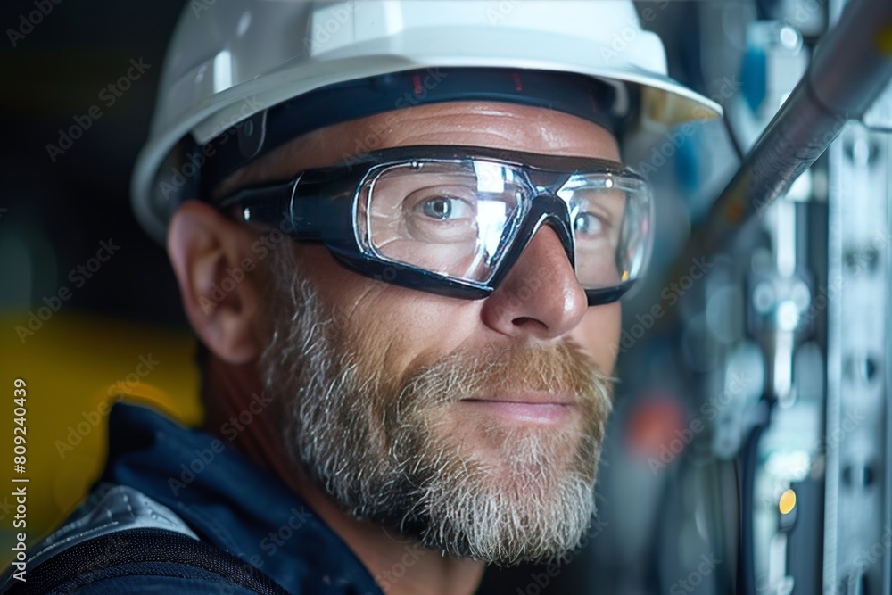 Man Wearing Safety Glasses and Hard Hat Man Wearing Safety Glasses and Hard Hat