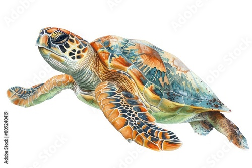 Loggerhead sea turtle,  Pastel-colored, in hand-drawn style, watercolor, isolated on white background photo