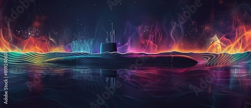 Digital illustration of sonar waves emanating from a submarine in deep ocean waters, detailed sound waves visualized in vibrant colors photo