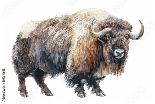 Muskox,  Pastel-colored, in hand-drawn style, watercolor, isolated on white background photo