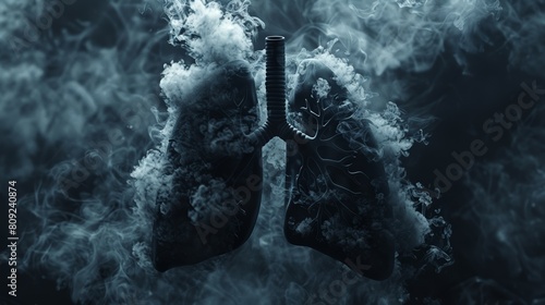 Digital rendering of black lungs evolving from smoke in a dark, moody setting, emphasizing the dangers of air pollution photo