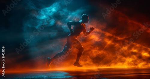 A man runs through a sky engulfed in flames, showcasing determination and urgency in the face of danger. © Prostock-studio