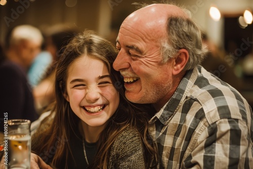 A man and a little girl share a happy moment, smiling at each other, A father and daughter laughing together at a family gathering