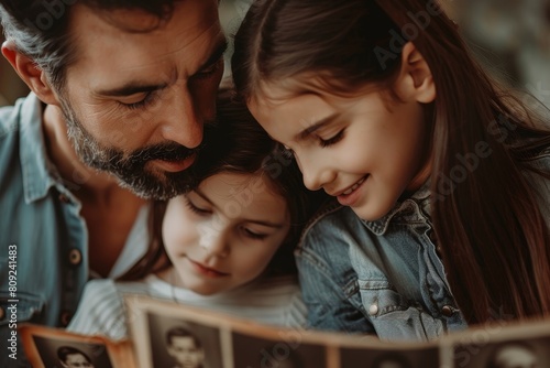 A man is sitting with a little girl, reading a book to her, A father and daughter looking at old family photos together