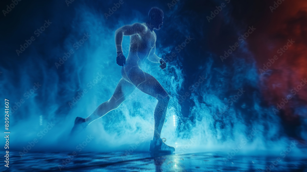 Fototapeta premium A man in motion, running through a foggy blue environment.