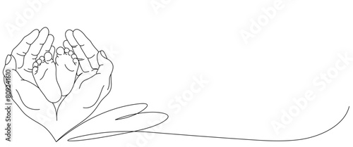 baby's feet held by parents line art style. children's day and father's day elements
