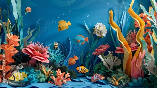 Creative Handmade Paper Underwater Scene with Colorful Fish and Corals AI Generated © Newaystock