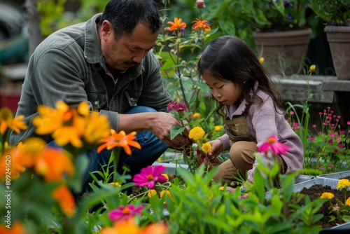 A man kneels down beside a little girl in a garden, planting flowers together, A father and daughter planting flowers in a vibrant garden