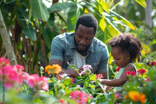 A man and a little girl are planting flowers in a colorful garden, A father and daughter planting flowers in a vibrant garden
