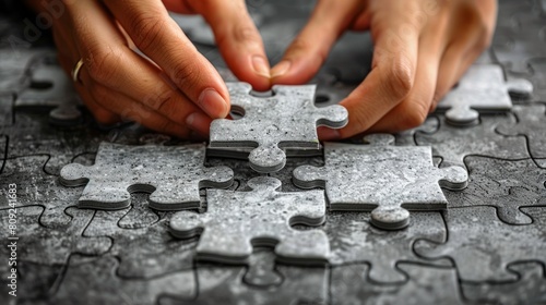 Close-up of hands assembling jigsaw puzzle on table