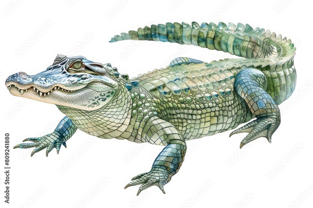 Naklejka premium American alligator, Pastel-colored, in hand-drawn style, watercolor, isolated on white background