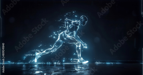 A man in motion, running swiftly through the darkness illuminated by vibrant neon lights. © Prostock-studio