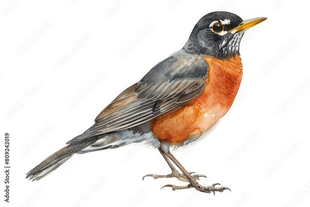 American robin, Pastel-colored, in hand-drawn style, watercolor, isolated on white background American robin, Pastel-colored, in hand-drawn style, watercolor, isolated on white background