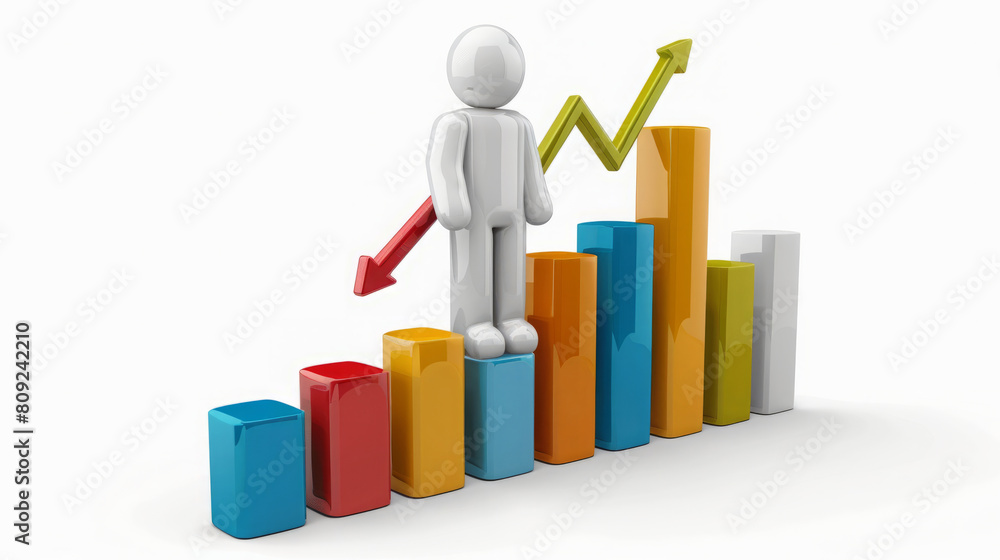 Growth Concept. 3D Figure, on a bar chart with an ascending arrow Growth Concept. 3D Figure, on a bar chart with an ascending arrow