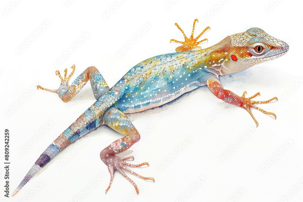 Naklejka premium Anole, Pastel-colored, in hand-drawn style, watercolor, isolated on white background