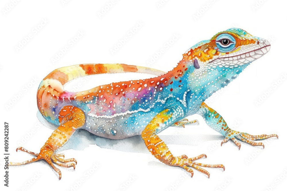 Obraz premium Anole, Pastel-colored, in hand-drawn style, watercolor, isolated on white background