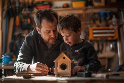 A man and a child are attentively looking at a detailed model house, showing interest and curiosity, A father and son building a birdhouse together in the garage