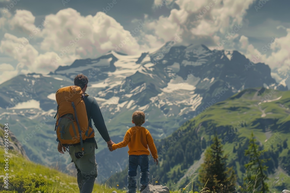 A man and a child holding hands while climbing a hill in the mountains, A father and son hiking in the mountains, exploring nature
