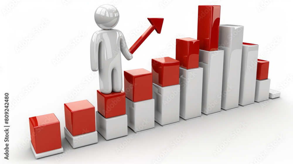 Growth Concept. 3D Figure, on a bar chart with an ascending arrow Growth Concept. 3D Figure, on a bar chart with an ascending arrow