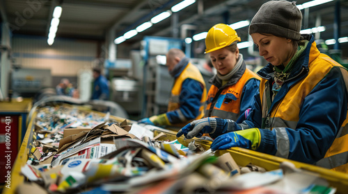 Workers sorting carboard and paper at recycling plant, save the planet photo
