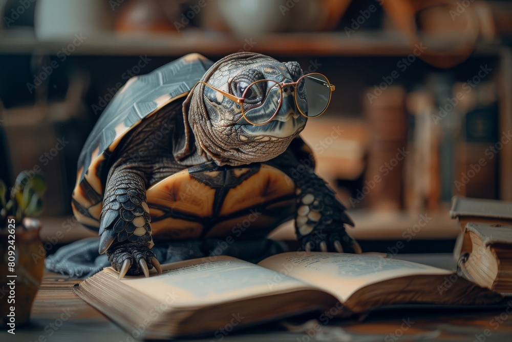 Tortoise wearing eyeglasses and reading an open book. Education and ...