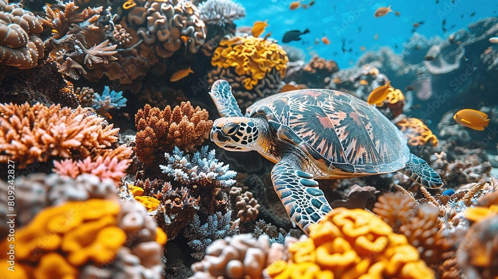  A turtle glides gracefully over a vibrant coral reef, surrounded by a plethora of vividly-colored corals below and above