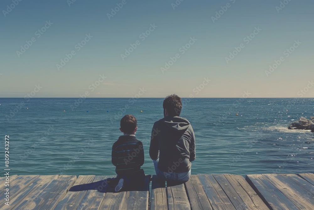 A father and son are sitting together on top of a wooden pier, looking out at the ocean, A father and son sitting on a pier, looking out at the ocean A father and son are sitting together on top of a wooden pier, looking out at the ocean, A father and son sitting on a pier, looking out at the ocean