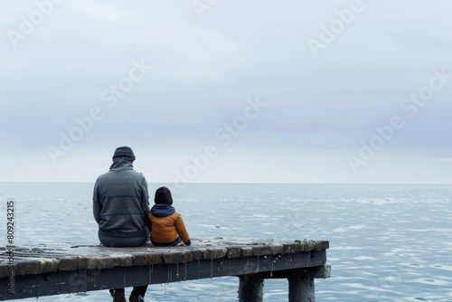 A man and a woman are seated on a pier, gazing out at the vast expanse of the ocean before them, A father and son sitting on a pier, looking out at the ocean