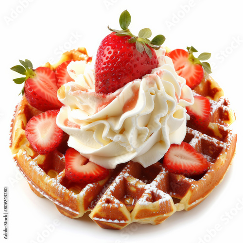 Belgian waffle with strawberries and cream isolated on white background 