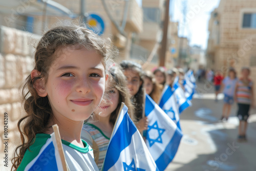 Children with flag of Israel. Independence Day of Israel.
