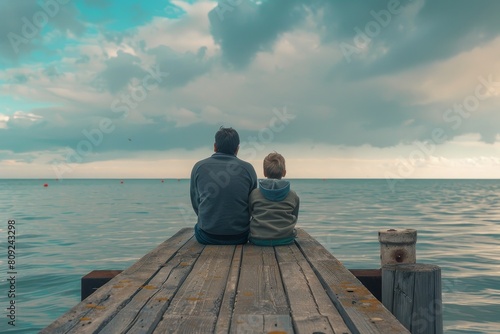Man and child seated on pier, gazing out at sea, A father and son sitting on a pier, looking out at the ocean photo