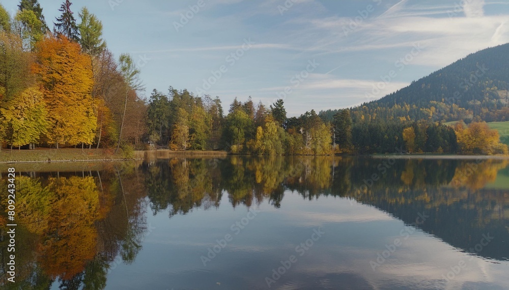 idyllic autumn nature lake reflection in horizontal anamorphic display