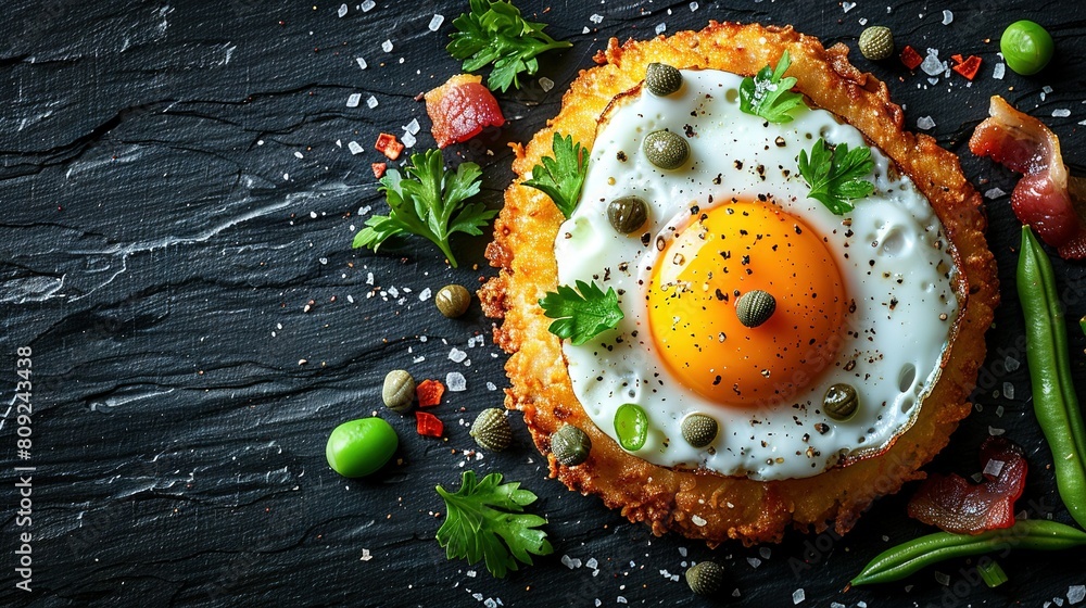 Fried eggs stacked five high Fried eggs stacked five high