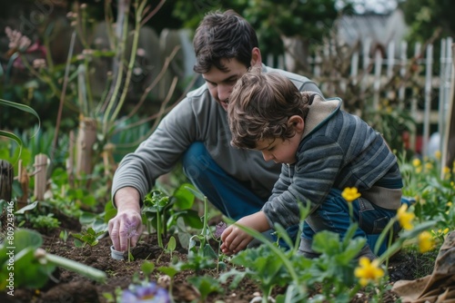 A man and a young boy are gardening in a lush garden, A father and son working together in the garden, planting flowers