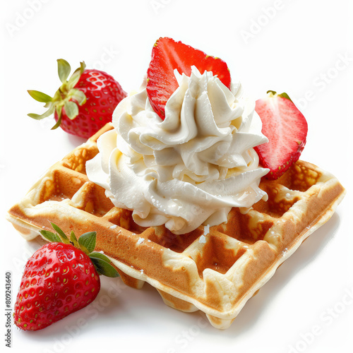 Belgian waffle with strawberries and cream isolated on white background 