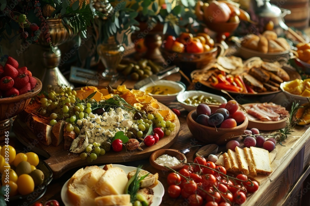 An assortment of various types of food displayed on a table with a wide range of colors and textures, A feast for the eyes and the palate
