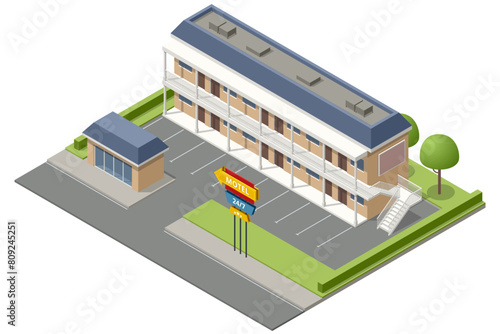 Isometric motel or hotel building. modern hotel or motel building with parking.