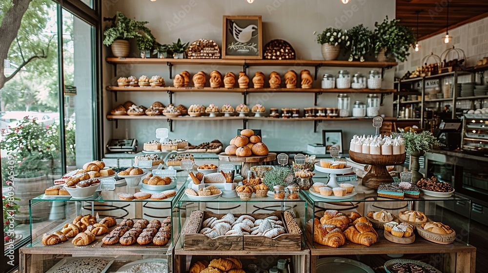   A bakery showcases an array of diverse breads and pastries through its window display