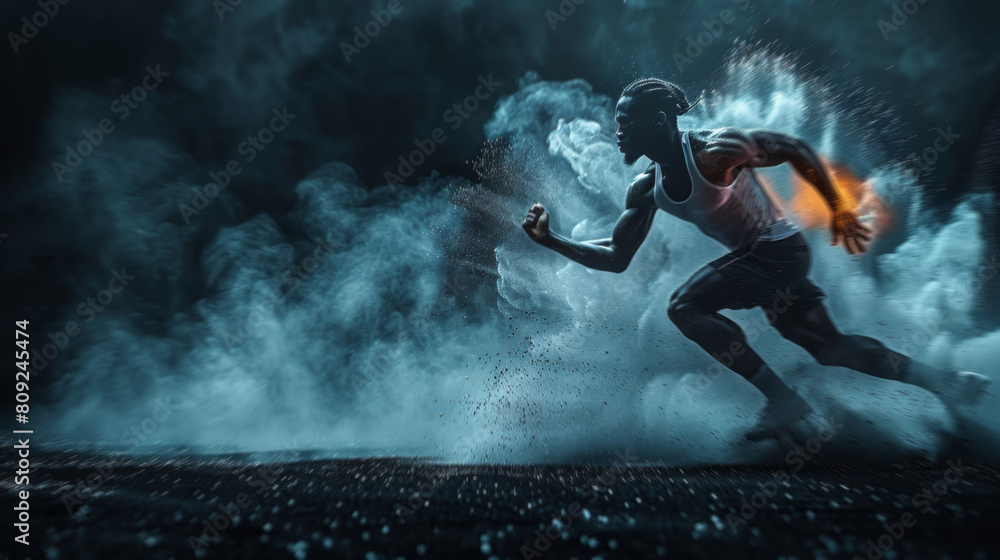 Obraz premium Athlete in motion, capturing the intensity of a nighttime sprint start with dynamic lighting.