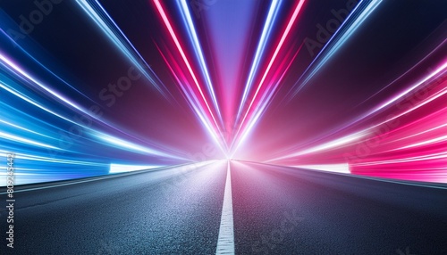 rayons lumineux neons sur une route de nuit mouvement direct eclair de lumiere bleu rose mauve et blanc eclat lumineux espace vide pour conception et creation graphique banniere photo