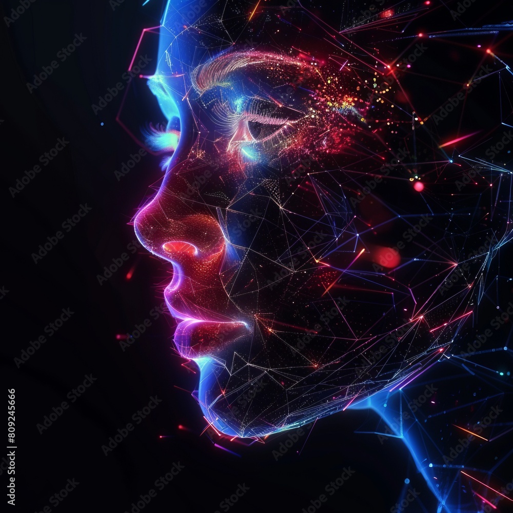 digital glowing beautiful female face of 3d triangular polygons digital glowing beautiful female face of 3d triangular polygons