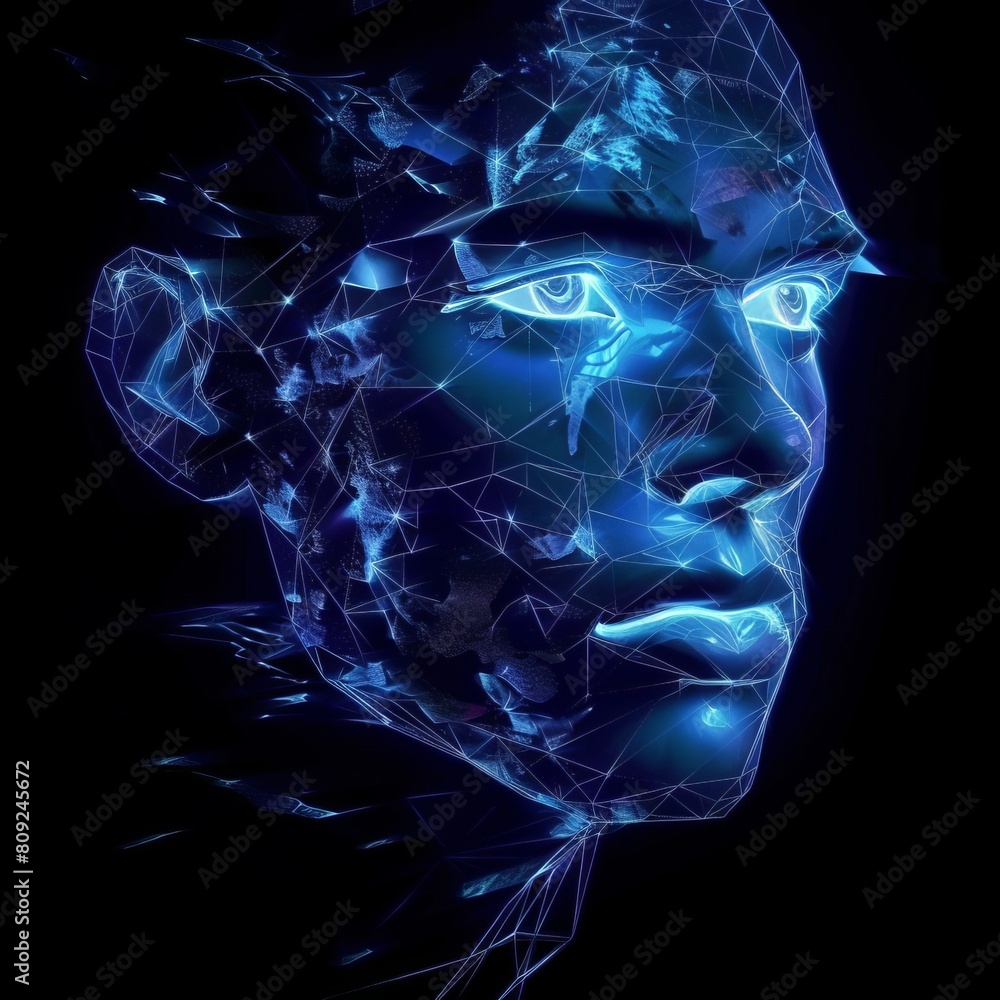 digital glowing beautiful male face of 3d triangular polygons digital glowing beautiful male face of 3d triangular polygons