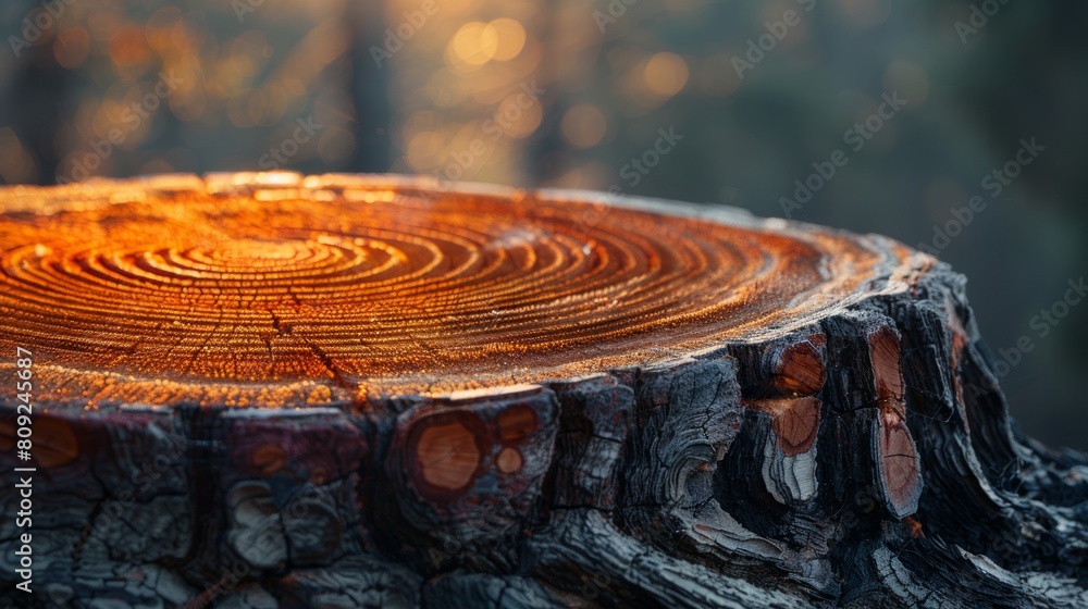 Golden morning light on a wet tree stump with morning dew