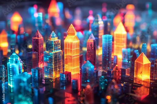 digital buildings of glowing 3d triangular polygons in city