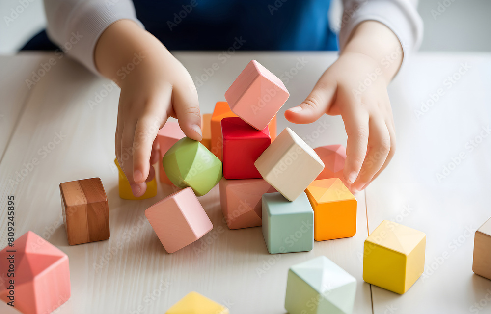 children's hands playing toy geometrical cubes on a white wooden children's hands playing toy geometrical cubes on a white wooden