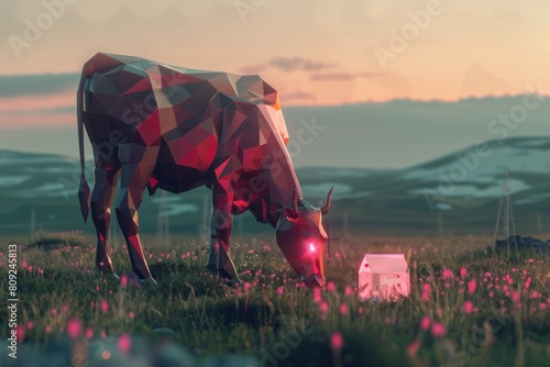 glowing ai cow made of 3d triangular polygons