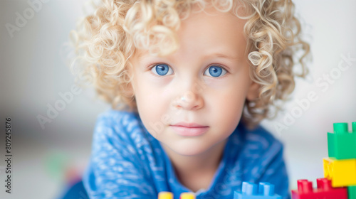 Curly-Haired Preschooler Building Colorful Blocks  Portrait of a Cheerful Blond Young Caucasian Boy.