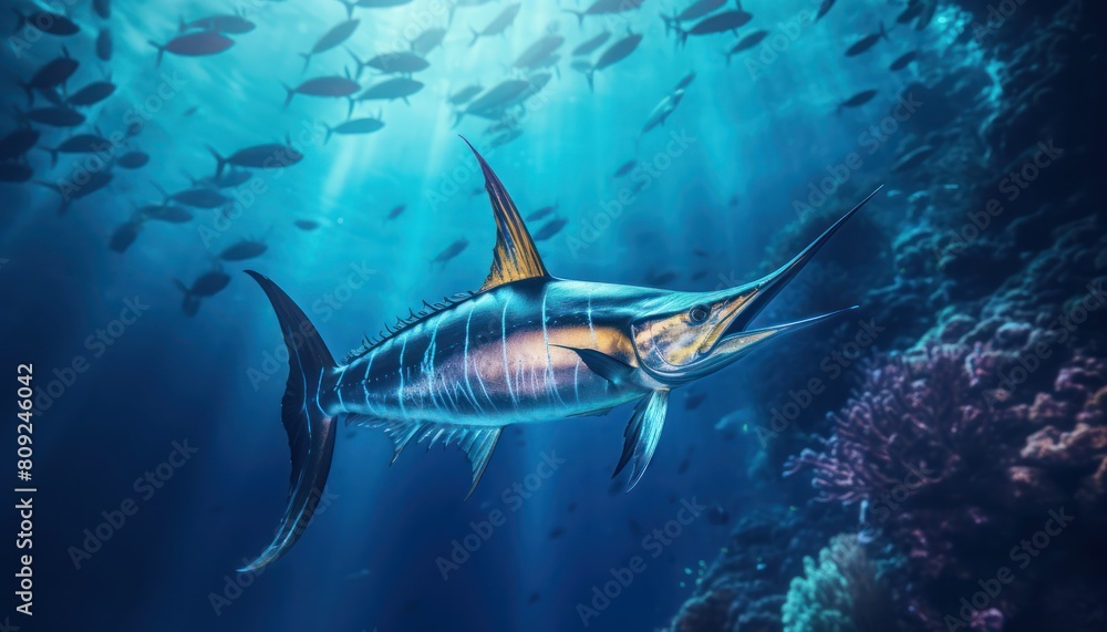 Fototapeta premium Giant Marlin fish in the ocean, beautiful view of marlin fish in the blue ocean