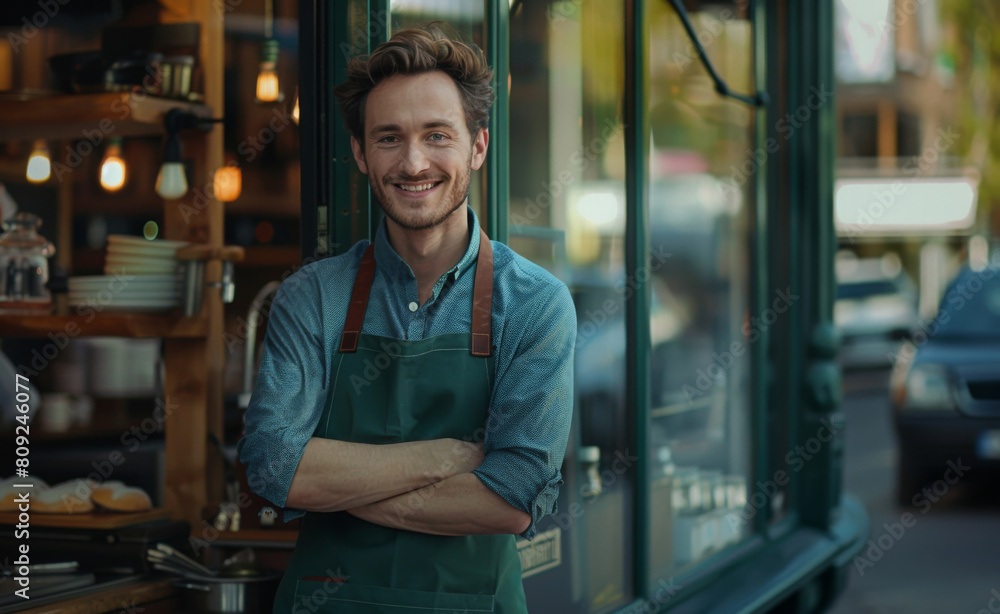 European man, portrait and confident by coffee shop for business, customer and hospitality. Barista, smile and happy owner in cafe store for startup, entrepreneur and restaurant welcome in New York European man, portrait and confident by coffee shop for business, customer and hospitality. Barista, smile and happy owner in cafe store for startup, entrepreneur and restaurant welcome in New York